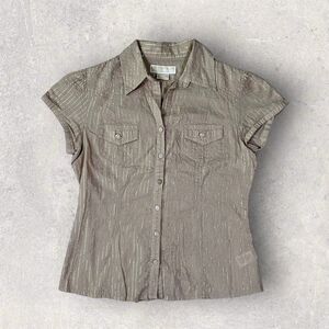 MK Women's Beige Button-Down Gold Stripe Shirt Short Sleeve Lightweight